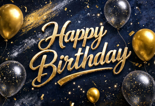 Elegant golden happy birthday text with shiny balloons and confetti celebration design