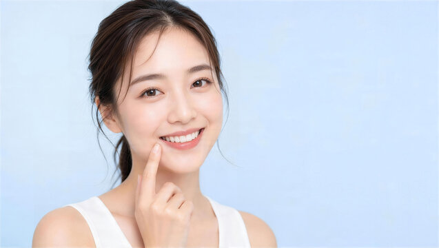 口元を指差して笑顔を見せる女性