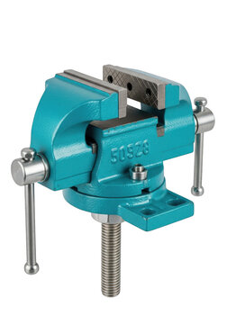 Blue metal bench vise tool for woodworking and mechanical repairs on a workshop workbench isolated on transparent background