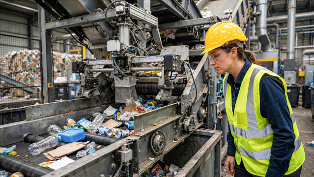 Professional worker in reflective vest inspecting waste sorting machinery at modern recycling plant photo