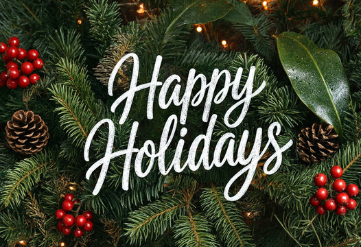 Festive happy holidays greeting card with evergreen branches pinecones and berries arrangement