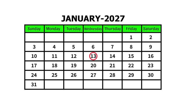January 2027 Calendar Page Animation with Red Circle Marking on Date 13 White Background 4k video 