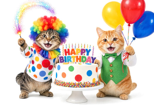 Funny birthday celebration with two dressed cats holding balloons and a colorful cake