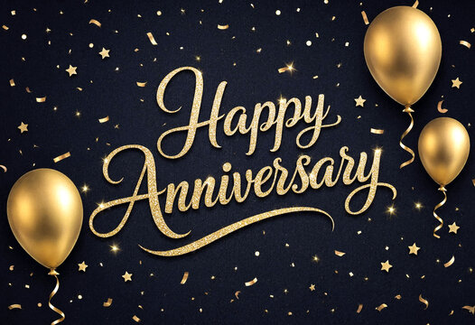 Golden happy anniversary celebration with balloons confetti and stars on elegant background