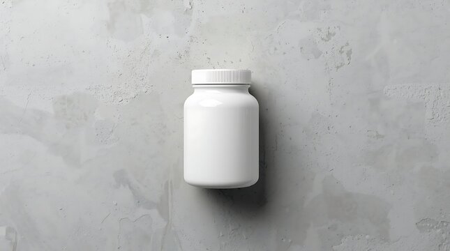 A single white plastic pill bottle with a white cap sits on a textured gray surface.