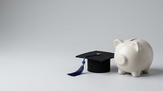 White piggy bank with graduation cap on gray background representing college savings and education fund concept