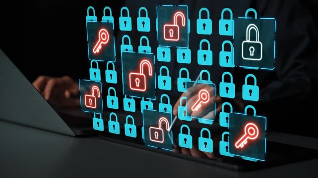 Digital Security Concept with Holographic Lock Icons and Unlock Symbols Displayed on Laptop Screen in Dark Setting for Cyber Protection. Entropy.