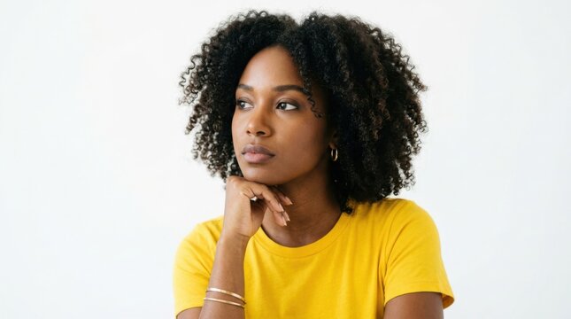Young black woman with curly hair wearing yellow shirt looking away thoughtfully while resting chin on her hand isolated on white background