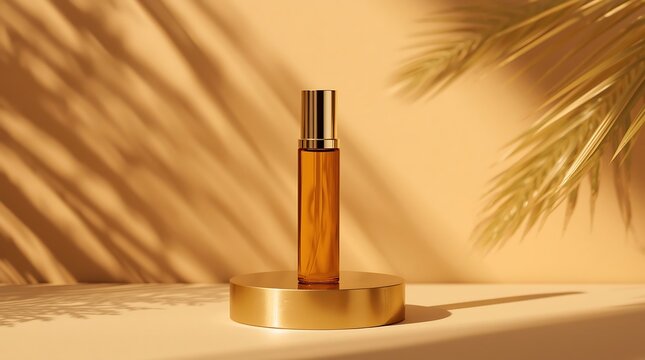 Luxury Perfume Bottle on Golden Pedestal with Tropical Leaf Shadows.