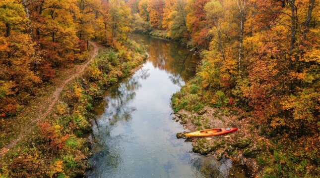 Serene autumn river flows through vibrant forest with a kayak resting on the bank