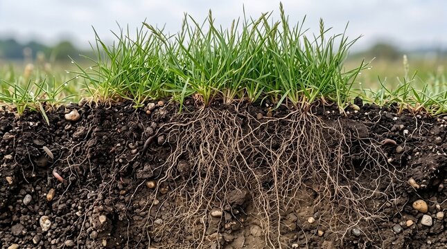 Extreme close-up macro photograph of a dense fibrous root system of healthy green turf grass extending downwards into a detailed cross-section profile of fertile dark topsoil, subsoil, and organic hum
