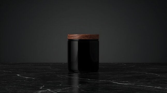 Dark Glass Jar with Wooden Lid on Marble Surface Studio Lighting.