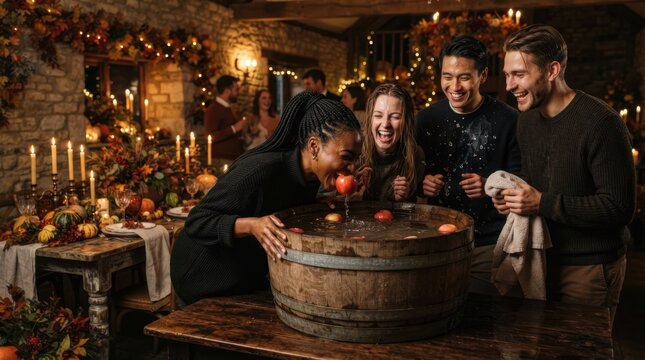 Friends laughing while playing bobbing for apples at a festive autumn gathering