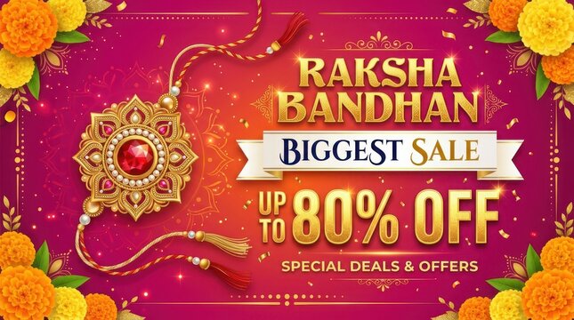 Raksha bandhan biggest sale up to 80 percent off special deals and offers festive background with rakhi and marigold flowers.