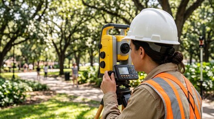Fototapeta premium Professional female land surveyor operating high precision total station instrument for site mapping and urban infrastructure development planning