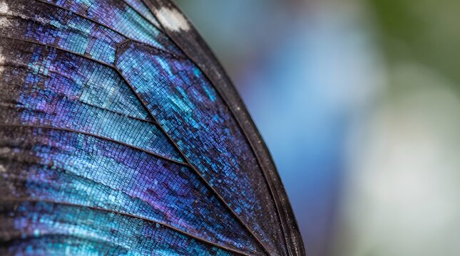Close-up of iridescent butterfly wing scales in natural light. Macro detail of colorful insect texture and delicate patterns for design inspiration.