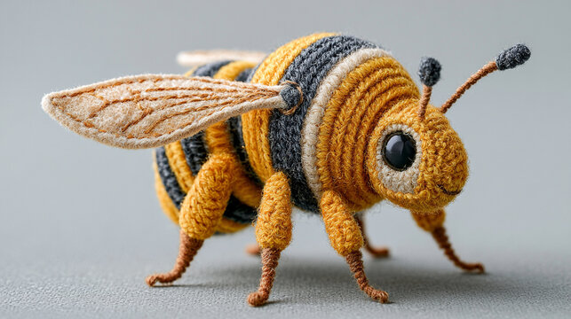 Bee designed with intricate crochet work and embroidered wings stands on a plain neutral surface.