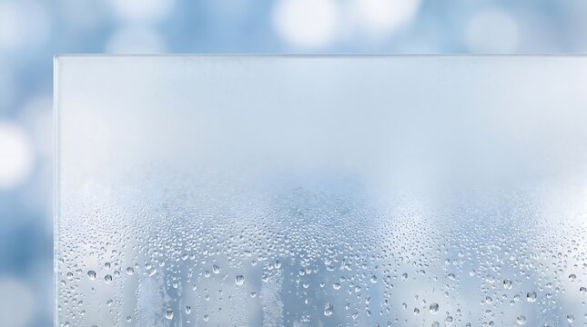 Wet frosted glass texture with water droplets on blue background