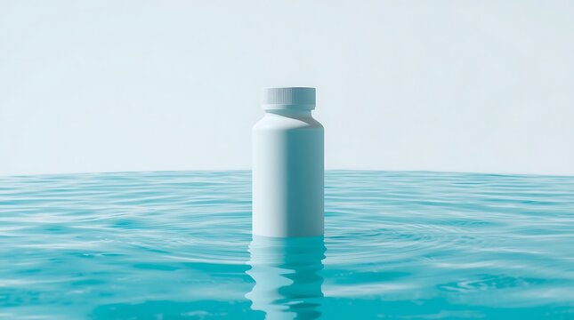 Minimalist white bottle floating in clear blue water with horizon line.