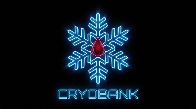 Cryobank neon logo with snowflake and blood drop. Futuristic medical and biotechnology vector concept.