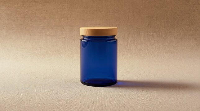 Blue glass jar with wooden lid on a neutral background.