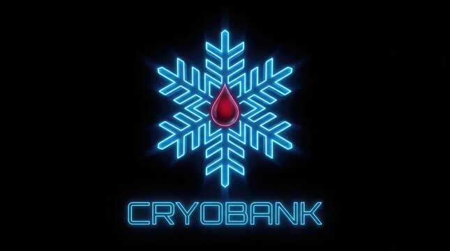 Cryobank neon logo with a snowflake and blood drop. Futuristic medical technology concept.