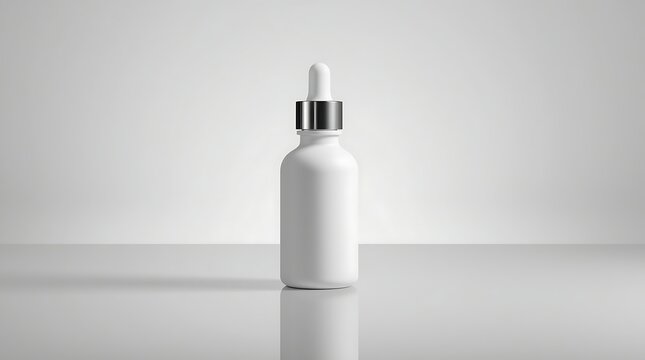 Minimalist White Dropper Bottle with Silver Cap on Reflective Surface.