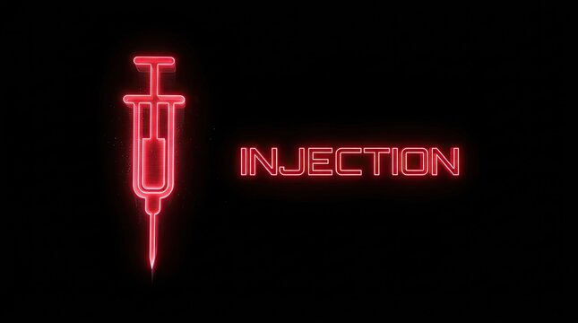 Red neon injection syringe icon. Futuristic medical, technology, or hacking cybersecurity concept.