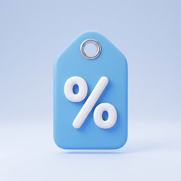 3D render of a blue discount price tag icon with a percentage symbol discount percentage shopping