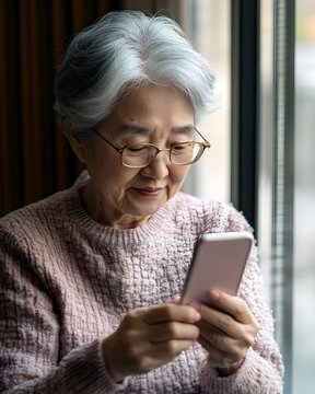 Happy senior Asian woman using smartphone by window with natural light, ideal for active aging, digital lifestyle, online communication, healthcare and modern technology concepts