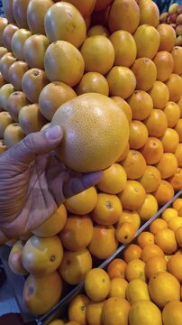 A hand holding grapefruit while shopping in a supermarket