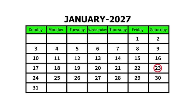 January 2027 Calendar Page Animation with Red Circle Marking on Date 23 White Background 4k video 