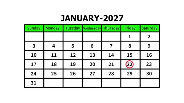 January 2027 Calendar Page Animation with Red Circle Marking on Date 22 White Background 4k video 