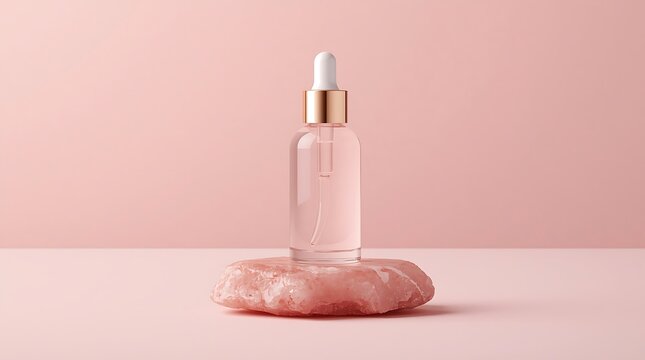 Elegant glass dropper bottle with rose quartz stone on pink background.