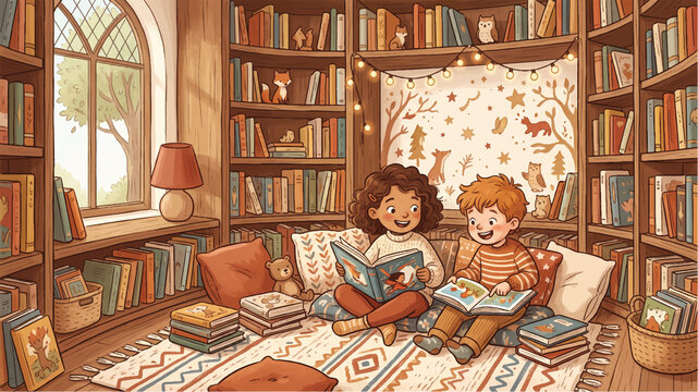 Children reading books together in cozy library corner illustration