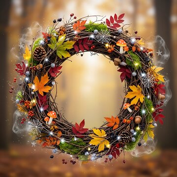 Festive autumn wreath with fall leaves and glowing fairy lights
