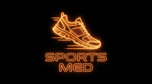 Futuristic neon hologram of a running shoe for a sports medicine concept.