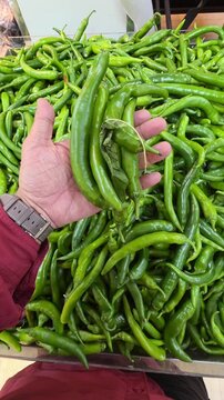 A hand holding green chillies while shopping in a supermarket