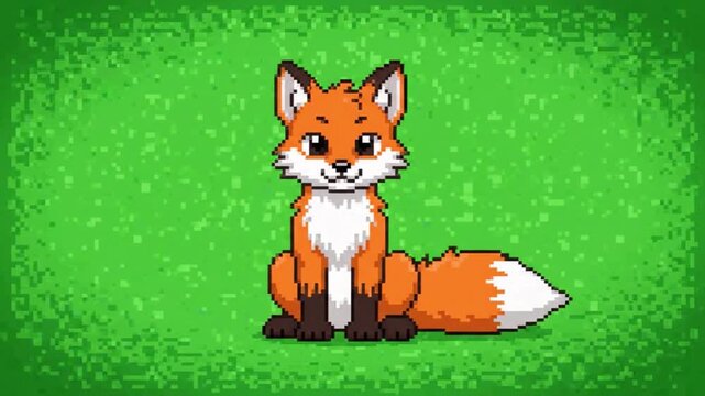 Cute Pixel Art Red Fox Sitting on Green Screen Background. 4K Video