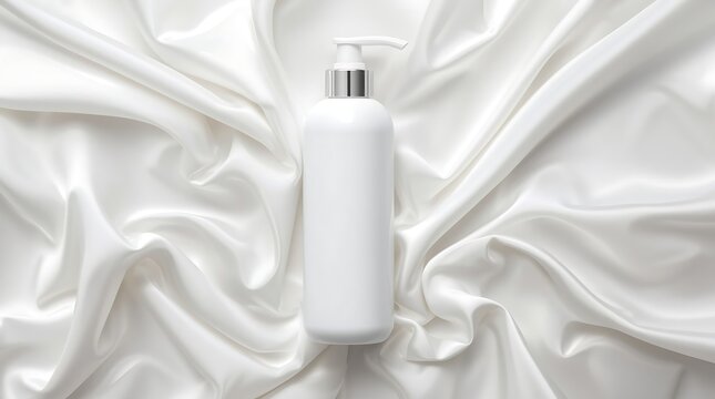White Lotion Bottle with Pump Dispenser on Luxurious White Silk Fabric.