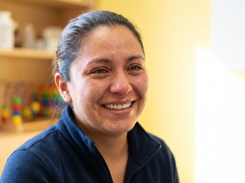 Close up portrait of emotional smiling Hispanic woman with tears in eyes