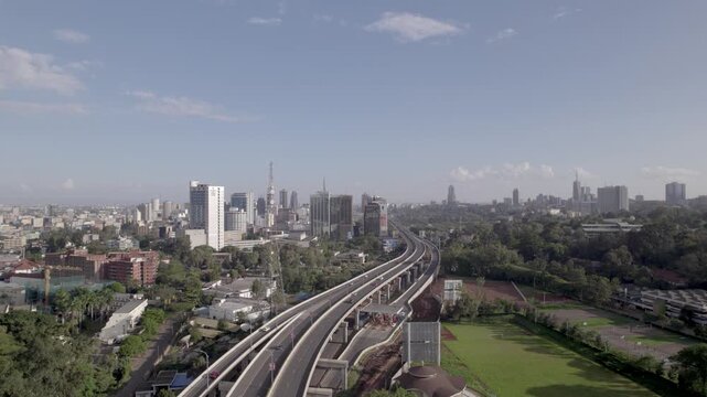 Aerial drone shot of the Nairobi Expressway facing Nairobi city central