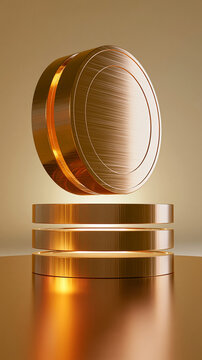Minimalist 3D bronze coin floating above stacked round cylinder podium display stand.