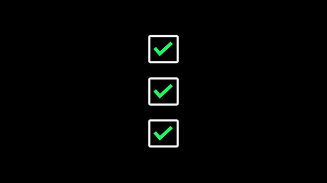 Animated green checkmark list on black background, for ui and, task completion tick, animation motion ui