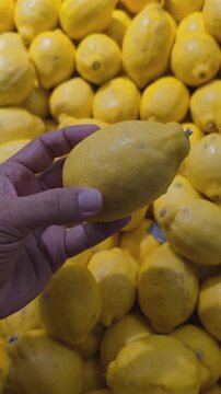 A hand holding Lemon while shopping in a supermarket