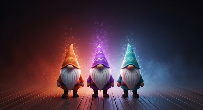 Three glowing forest gnomes standing on a wooden floor