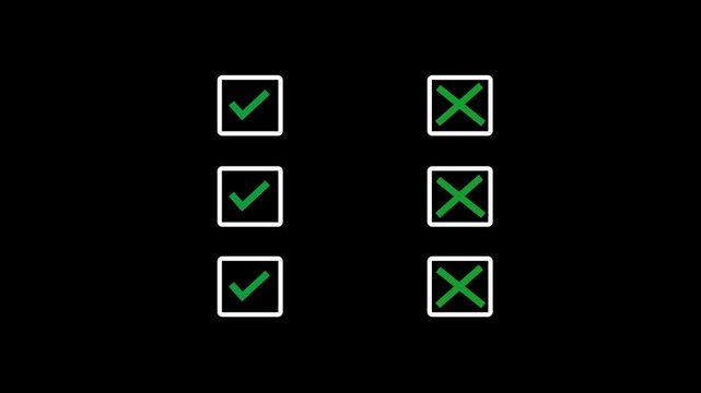 Checklist animation with green checkmarks and red x crosses for task management and evaluation x-mark