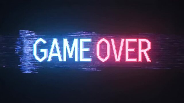 Neon game over text with glitch effect on dark background. 4K Video