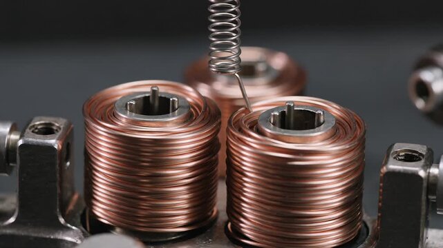 Industrial manufacturing of copper wire electromagnetic coils. 4K Video