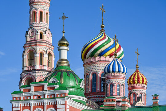 Colorful carved domes of the Ascension Cathedral in Tambov, Tambov region of Russia